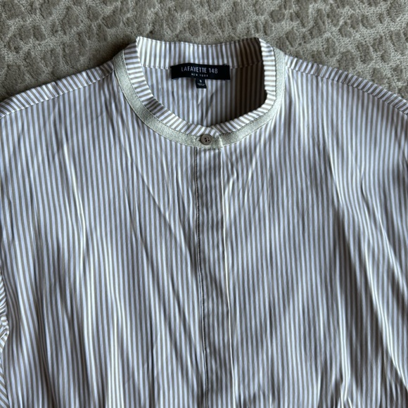 Lafayette 148 New York Valen Neutral Striped Asymmetric Hem Top Blouse, size S - Picture 3 of 7